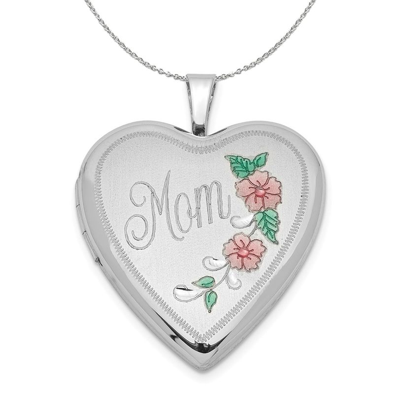 Silver And Enamel 20mm Mom Floral Heart Locket Necklace - 16 In
